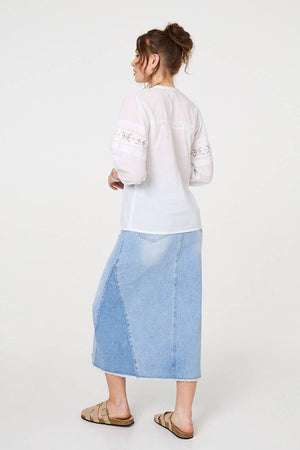 White | Lace Trim 3/4 Sleeve V-Neck Blouse
