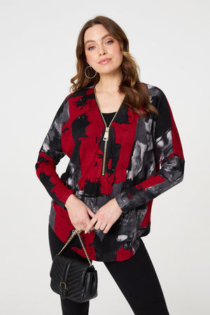 Red | Abstract Zip Front Long Sleeve Top
