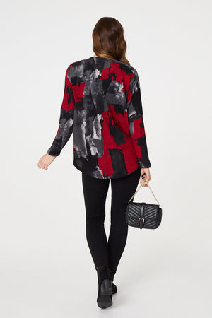 Red | Abstract Zip Front Long Sleeve Top
