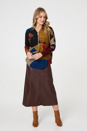 Red | Abstract Zip V-Neck Long Sleeve Relaxed Top
