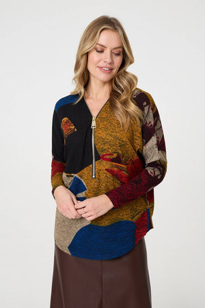 Red | Abstract Zip V-Neck Long Sleeve Relaxed Top
