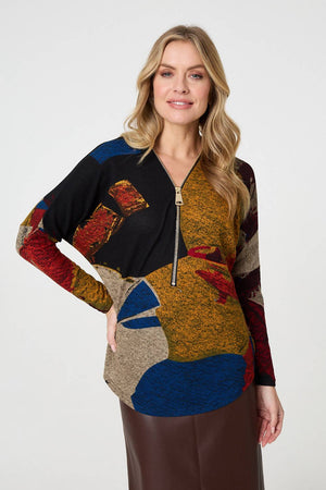 Red | Abstract Zip V-Neck Long Sleeve Relaxed Top
