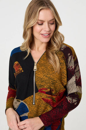Red | Abstract Zip V-Neck Long Sleeve Relaxed Top
