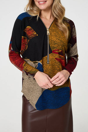 Red | Abstract Zip V-Neck Long Sleeve Relaxed Top
