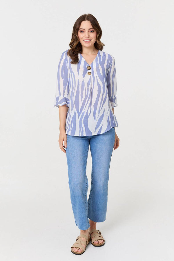 Blue | Animal Print 3/4 Flared Sleeve Blouse