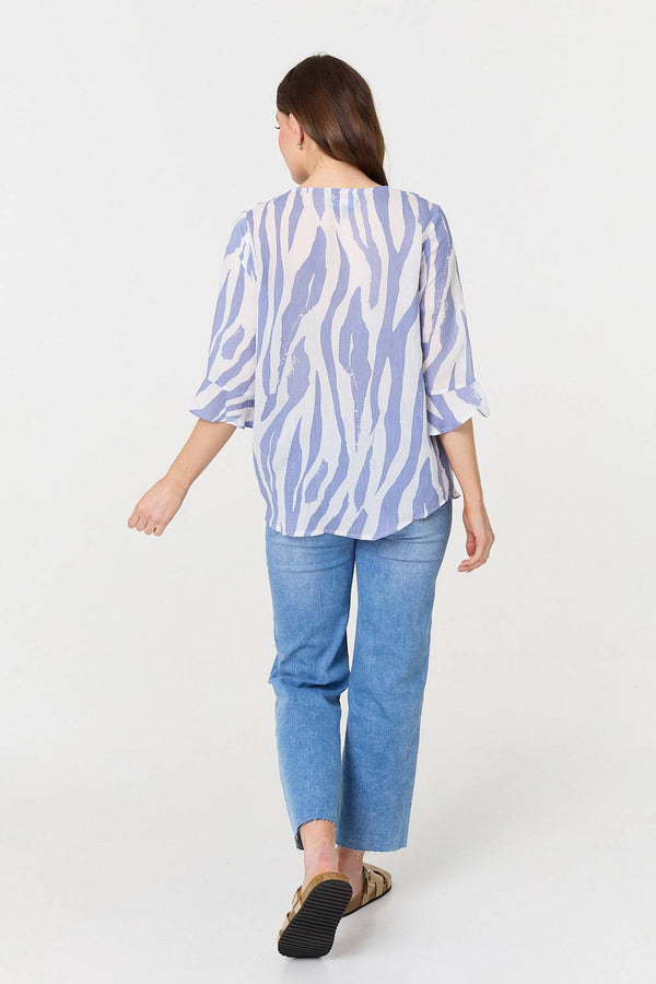 Blue | Animal Print 3/4 Flared Sleeve Blouse
