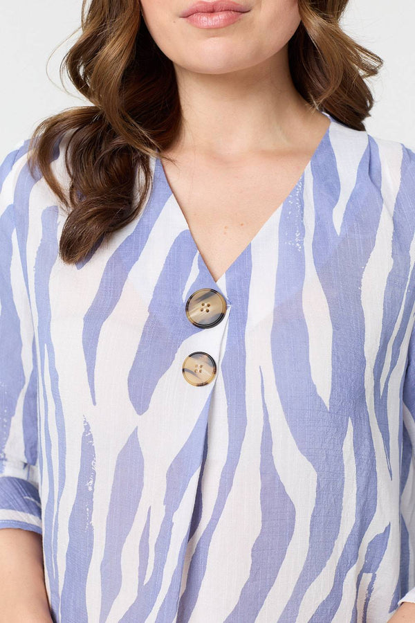 Blue | Animal Print 3/4 Flared Sleeve Blouse