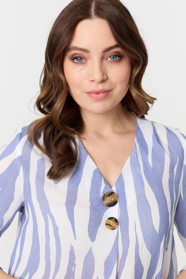 Blue | Animal Print 3/4 Flared Sleeve Blouse