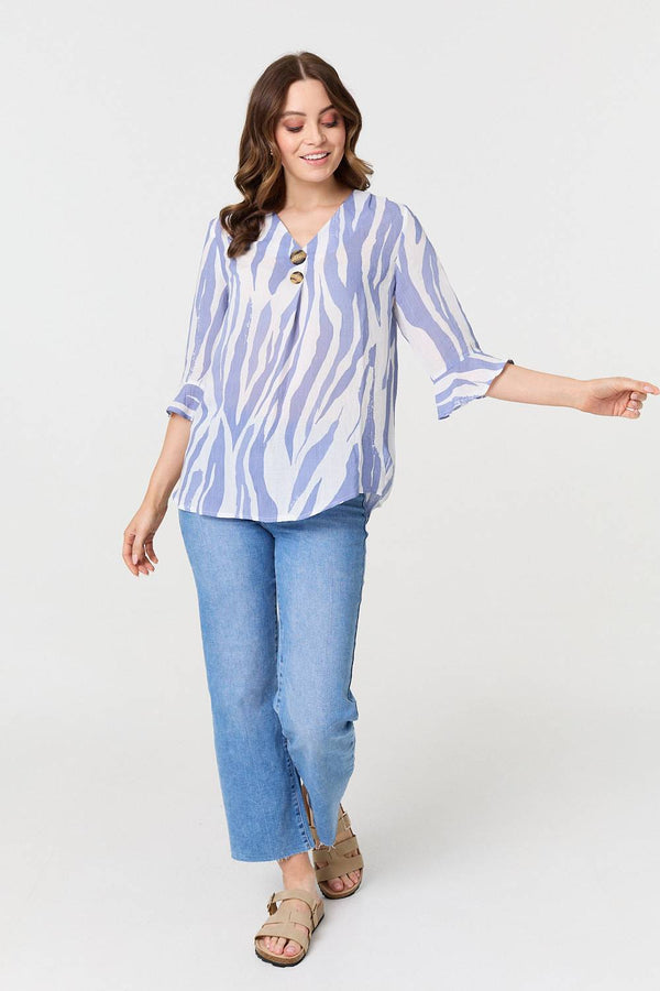 Blue | Animal Print 3/4 Flared Sleeve Blouse