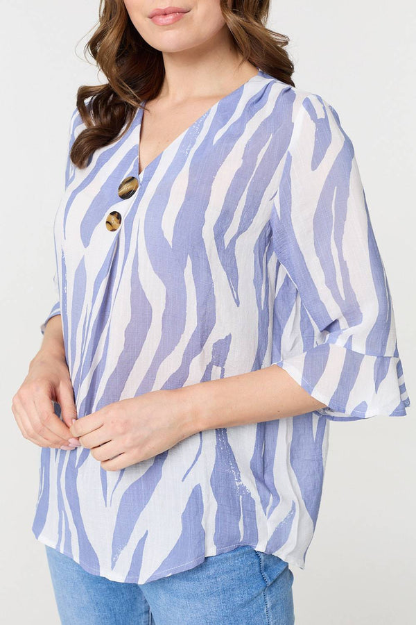 Blue | Animal Print 3/4 Flared Sleeve Blouse