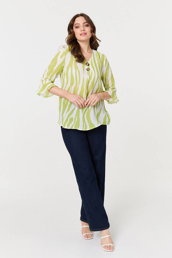 Green | Animal Print 3/4 Flared Sleeve Blouse