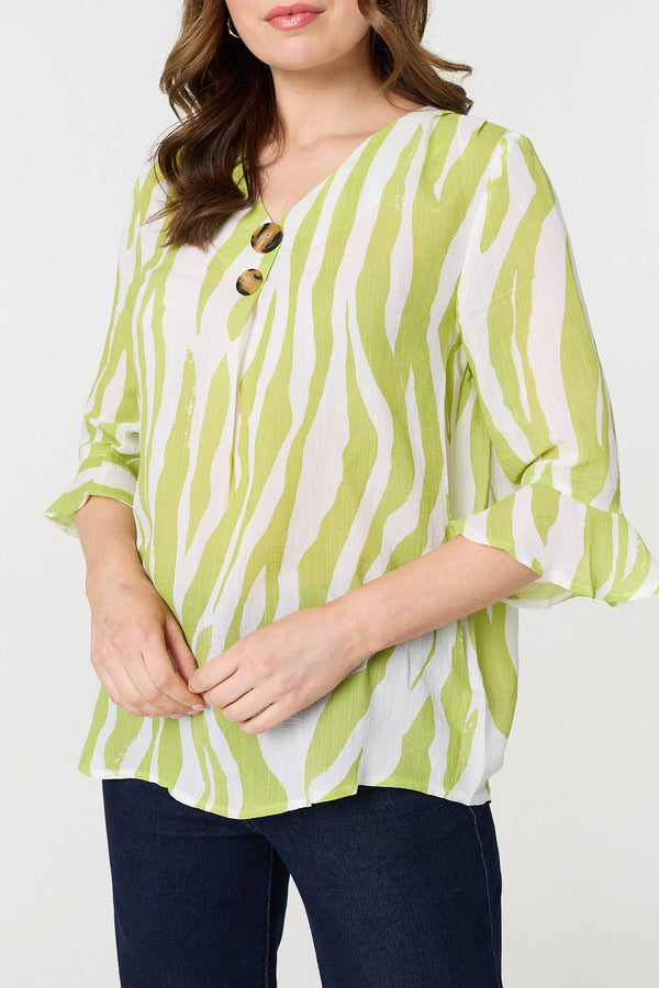 Green | Animal Print 3/4 Flared Sleeve Blouse