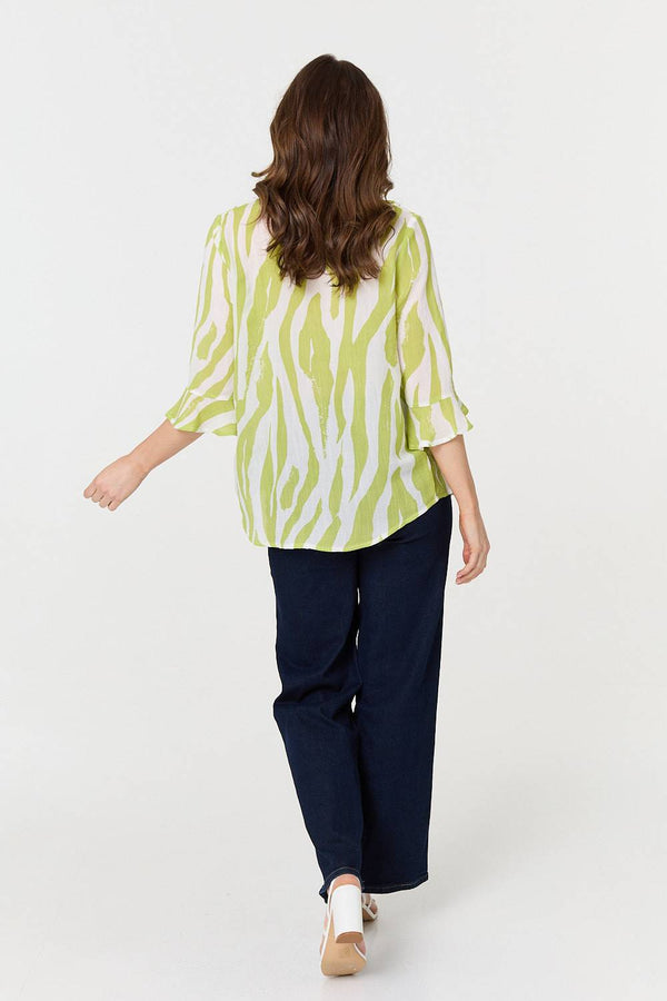 Green | Animal Print 3/4 Flared Sleeve Blouse
