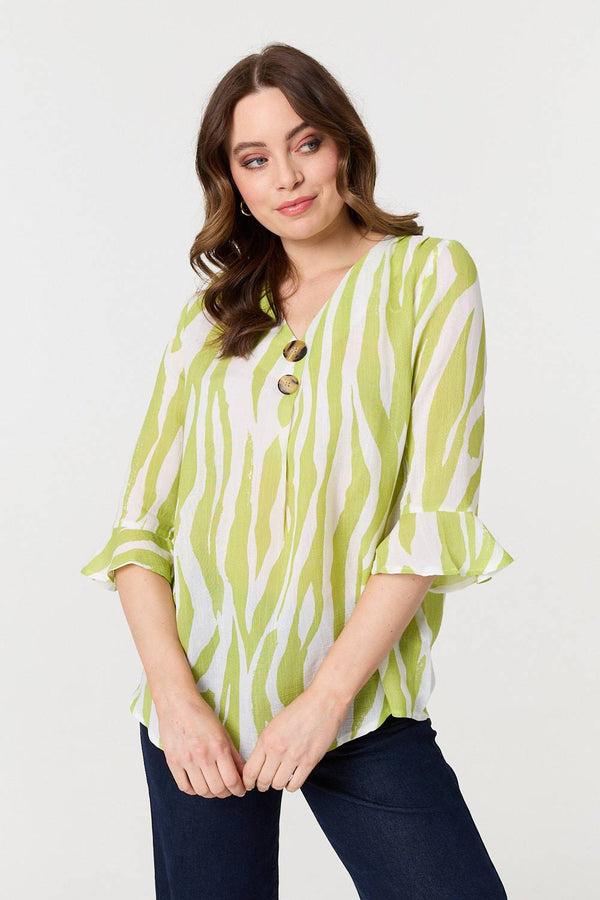 Green | Animal Print 3/4 Flared Sleeve Blouse