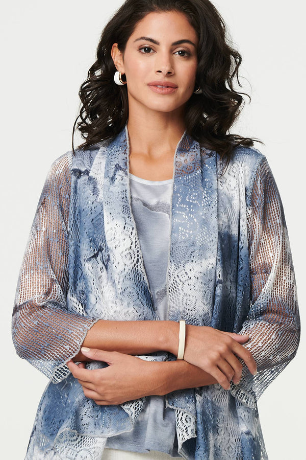 Grey | Tie Dye Semi Sheer Crochet Waterfall Top
