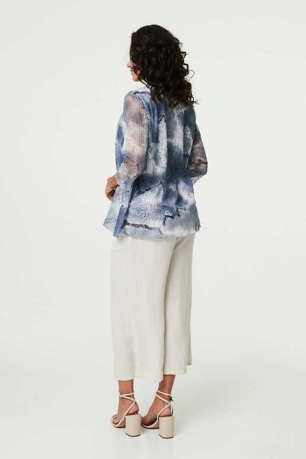 Grey | Tie Dye Semi Sheer Crochet Waterfall Top
