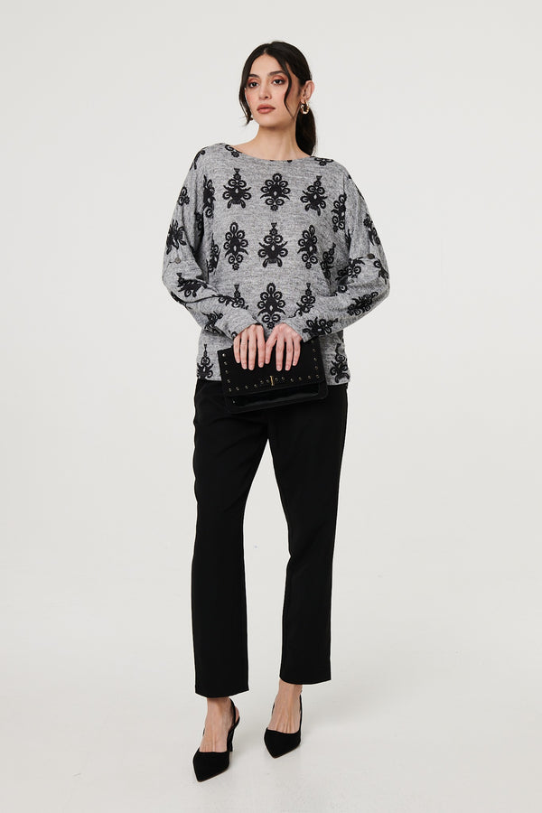 Grey | Printed Long Batwing Sleeve Relaxed Top
