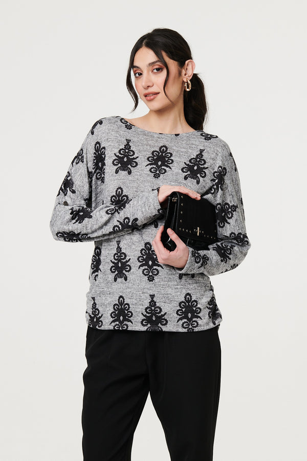Grey | Printed Long Batwing Sleeve Relaxed Top
