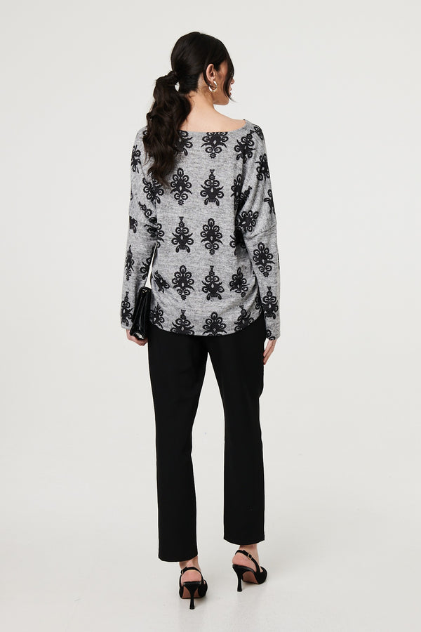 Grey | Printed Long Batwing Sleeve Relaxed Top
