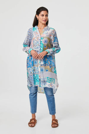 Blue | Patchwork Print Longline Tunic Shirt 
