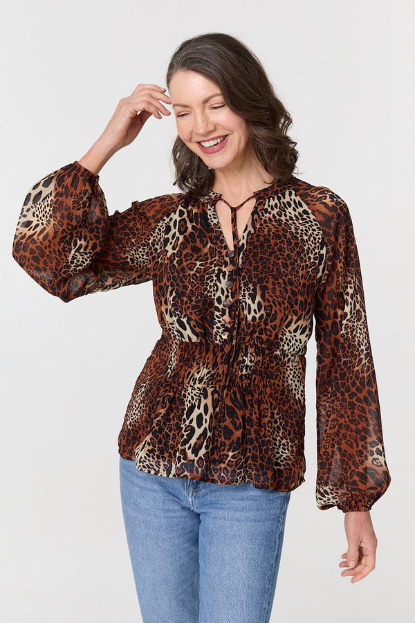 Brown | Animal Print Long Sleeve Tie Neck Blouse
