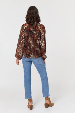 Brown | Animal Print Long Sleeve Tie Neck Blouse

