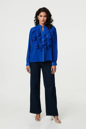 Blue | Ruffled Long Sleeve Semi Sheer Blouse
