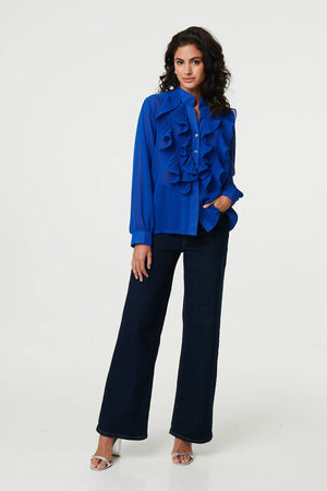 Blue | Ruffled Long Sleeve Semi Sheer Blouse
