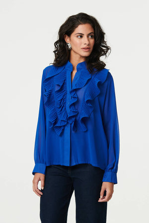 Blue | Ruffled Long Sleeve Semi Sheer Blouse
