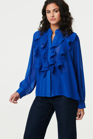 Blue | Ruffled Long Sleeve Semi Sheer Blouse
