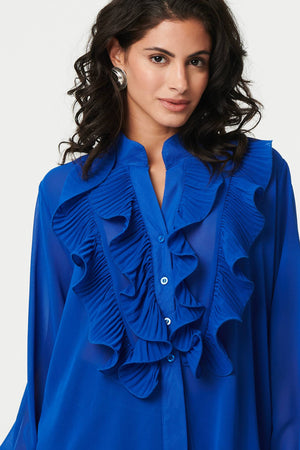 Blue | Ruffled Long Sleeve Semi Sheer Blouse
