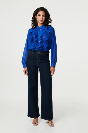 Blue | Ruffled Long Sleeve Semi Sheer Blouse
