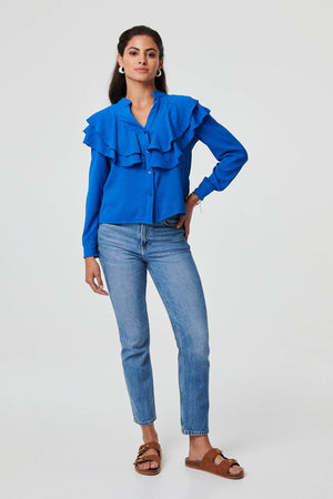 Blue | Ruffled Detail Long Sleeve V-Neck Blouse
