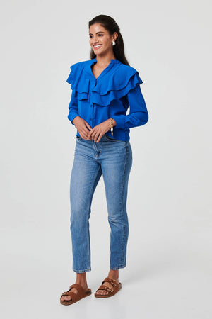 Blue | Ruffled Detail Long Sleeve V-Neck Blouse

