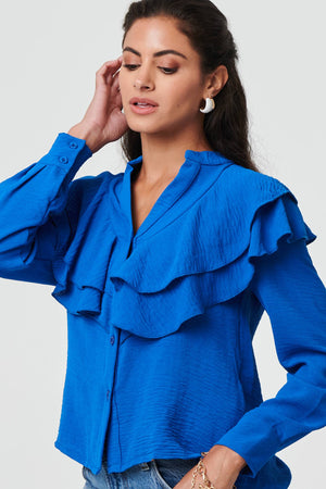 Blue | Ruffled Detail Long Sleeve V-Neck Blouse

