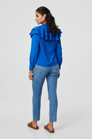 Blue | Ruffled Detail Long Sleeve V-Neck Blouse
