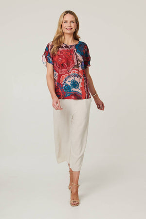 Red | Floral Short Angel Sleeve Ruched Blouse
