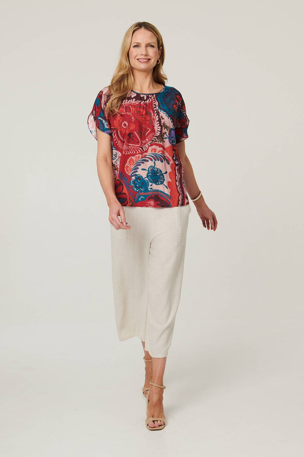 Red | Floral Short Angel Sleeve Ruched Blouse
