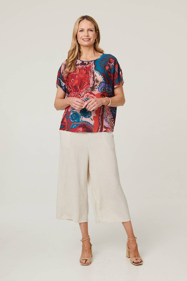 Red | Floral Short Angel Sleeve Ruched Blouse
