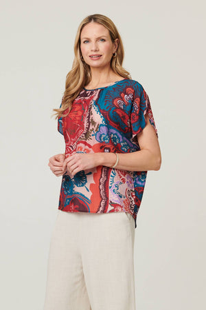 Red | Floral Short Angel Sleeve Ruched Blouse
