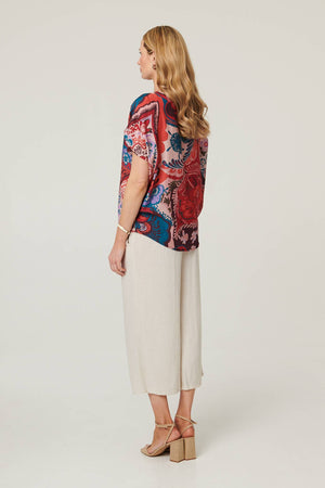 Red | Floral Short Angel Sleeve Ruched Blouse
