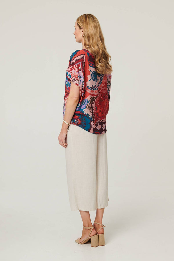 Red | Floral Short Angel Sleeve Ruched Blouse
