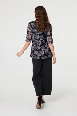 Black | Floral Relaxed Semi Sheer Peplum Blouse
