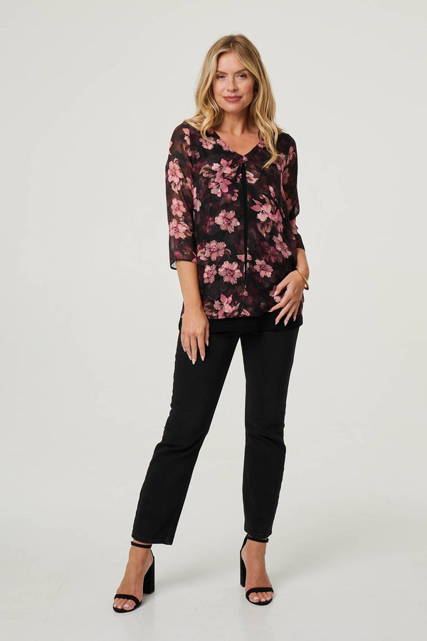 Pink | Floral 3/4 Sleeve Sheer Layered Blouse

