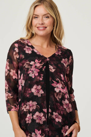 Pink | Floral 3/4 Sleeve Sheer Layered Blouse
