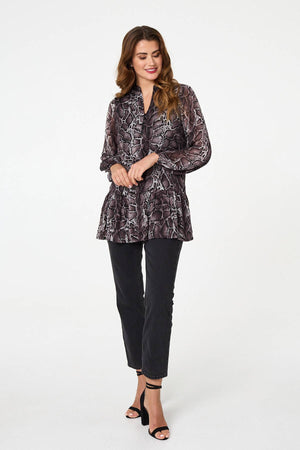 Black | Printed Long Sleeve Frilled Tunic Shirt
