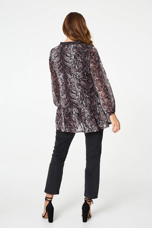 Black | Printed Long Sleeve Frilled Tunic Shirt
