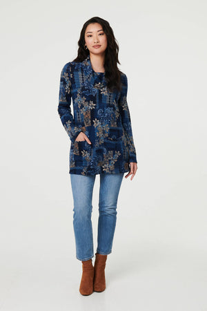 Blue | Printed Cowl Neck Long Sleeve Tunic Top