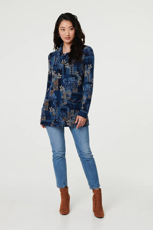 Blue | Printed Cowl Neck Long Sleeve Tunic Top