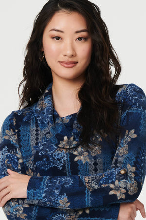 Blue | Printed Cowl Neck Long Sleeve Tunic Top